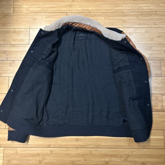 All Saints Mens L Bomber Jacket BIWA Wool Leather Black Varsity Y2K Streetwear - Picture 6 of 8